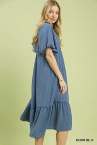 Solid Collared Midi Dress in Denim Blue