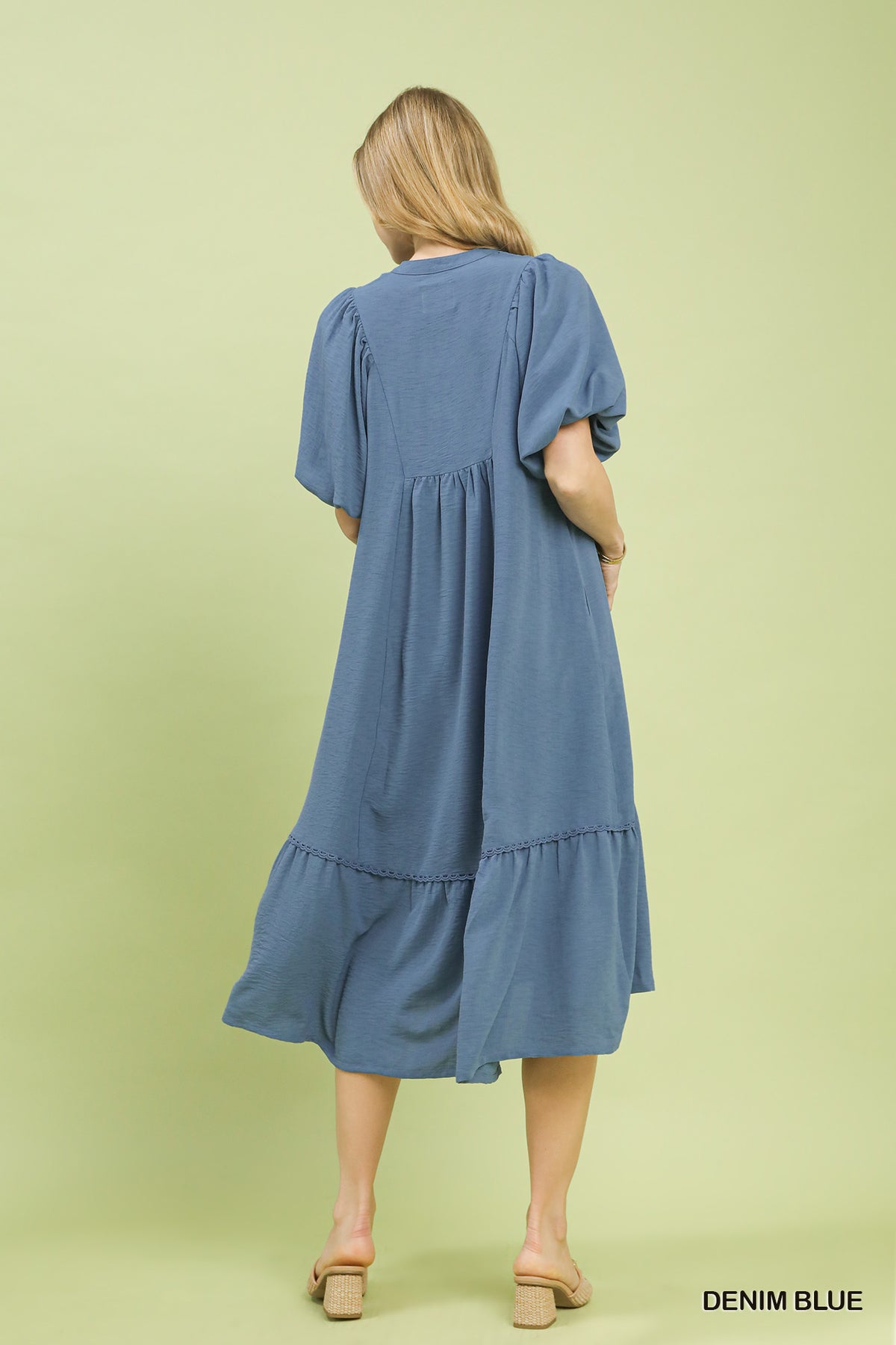 Solid Collared Midi Dress in Denim Blue