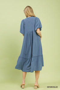Solid Collared Midi Dress in Denim Blue