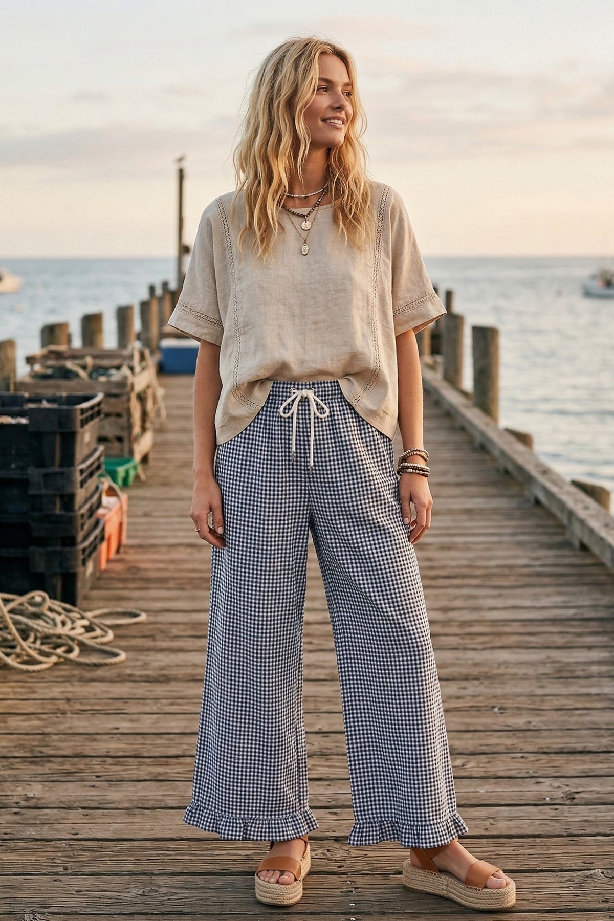 Checkered Gingham Fully Lined Pants in Blue