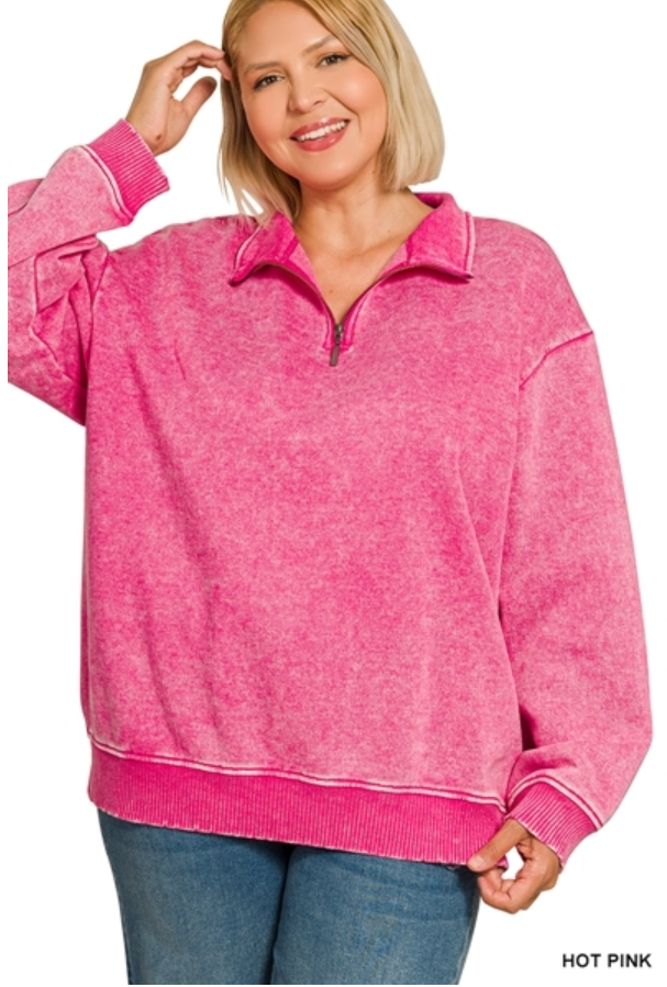 Plus Acid Wash Half Zip Pullover in Hot Pink