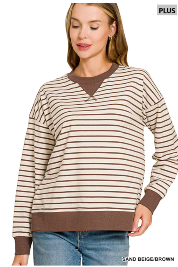 Curvy Striped Rib Banded Pullover in Sand Beige/Brown