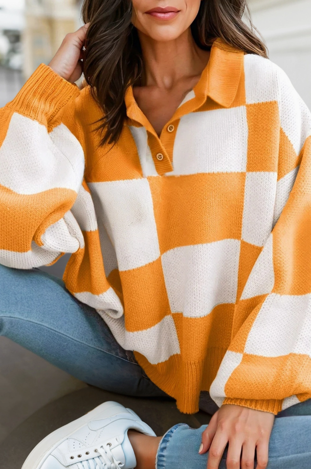 Checkered V-neck Sweater in Orange/White