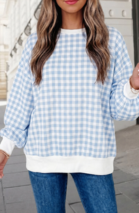 Gingham Pattern Round Neck Top in Light Blue