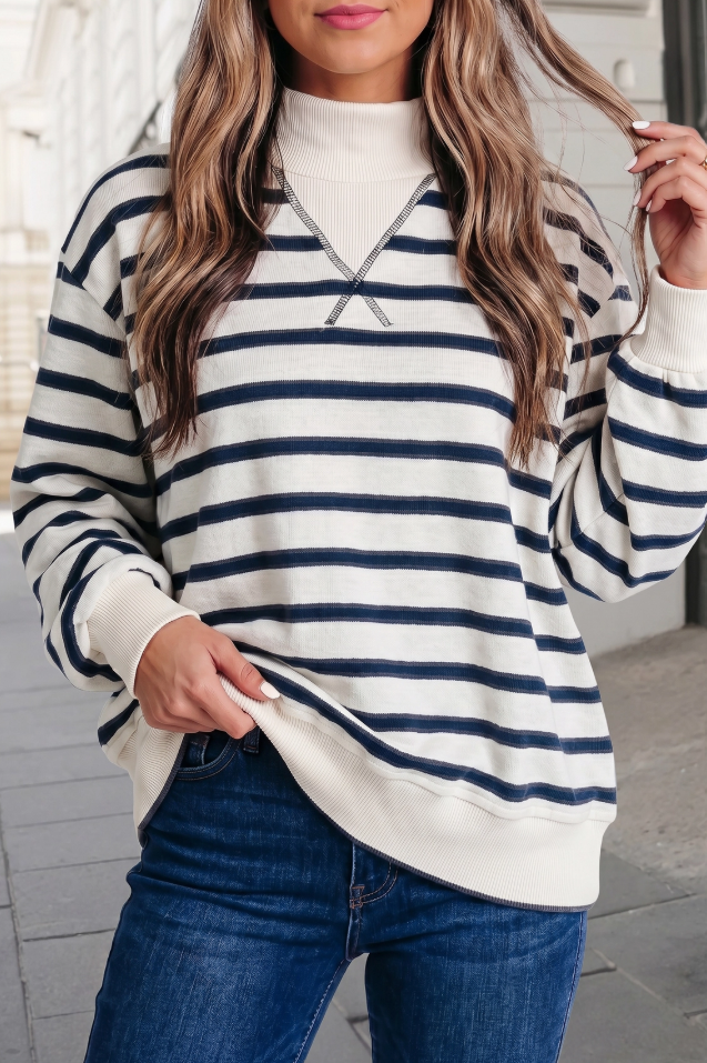 Stripe Mock Neck Ribbed Top in Navy