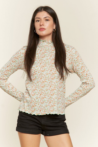 Curvy Floral Print Mock Neck LS Top