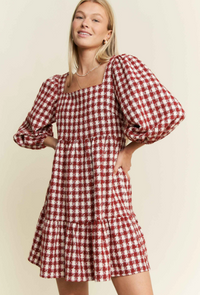 Curvy Tweed Puff Sleeve Mini Dress in Red/White
