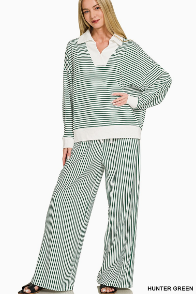 Striped Split Neck Collared Set- 2 Colors!