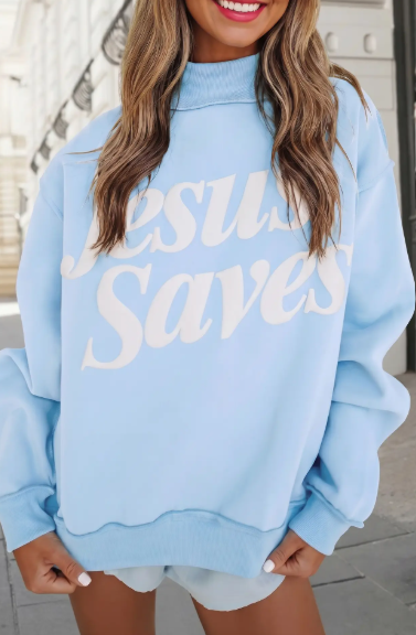 Jesus Saves Mock Neck in Mist Blue