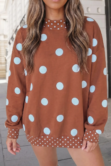 Polka Dot Print Mock Neck in Brown