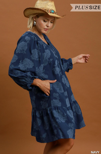 Ruffle Sleeve Dress W/ Scallop Lace Detail in Navy