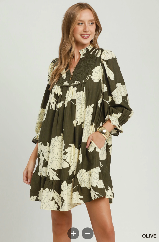Frilled Mandarin Collared Puff Sleeve Dress in Olive