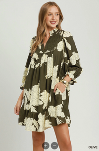 Frilled Mandarin Collared Puff Sleeve Dress in Olive