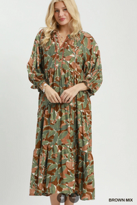 Mix Abstract Print Boho Dress in Brown Mix