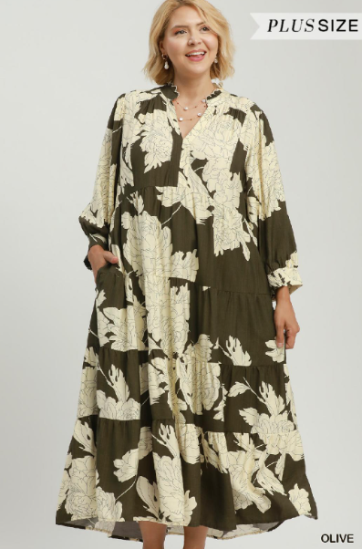 Curvy Printed Tiered Midi Dress in Olive