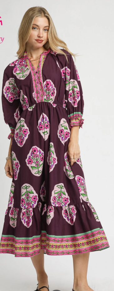 Flower Patch Border Print Dress in Plum Mix