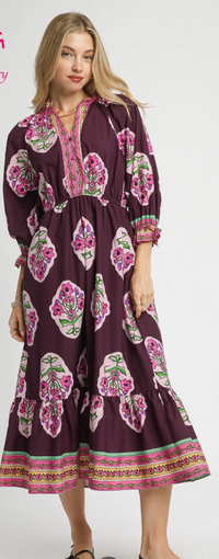 Flower Patch Border Print Dress in Plum Mix
