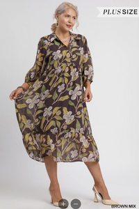 Curvy Floral Abstract Print Midi Dress in Brown Mix