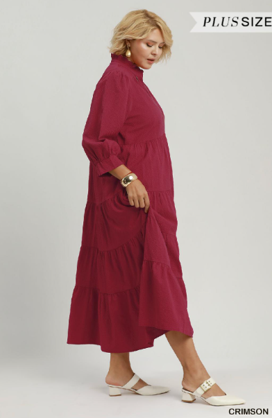 Seersucker Tiered Midi Dress in Crimson