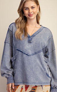 LS Washed V-Neck Top in Denim