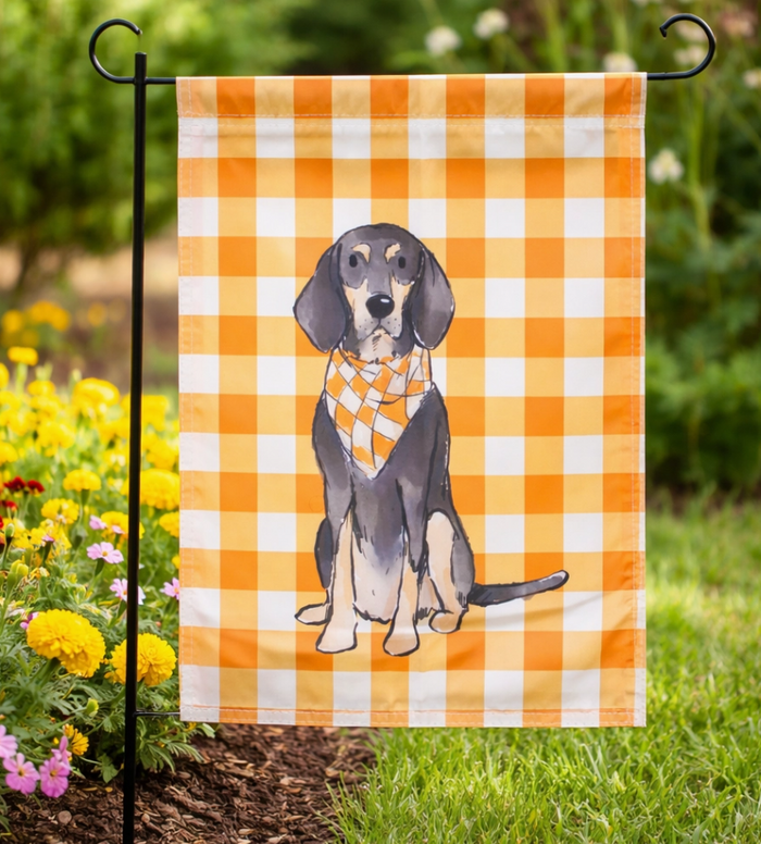 Orange Plaid Bluetick Coonhound Garden Flag
