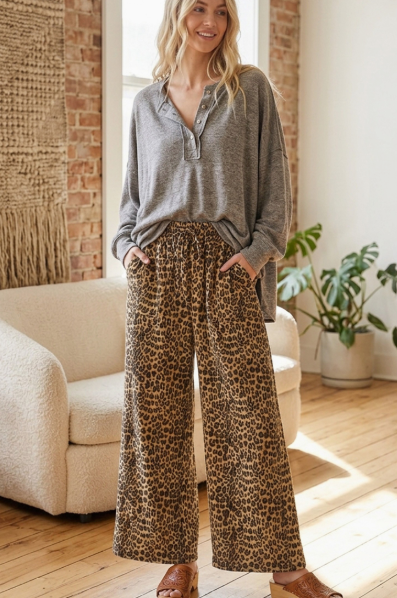 Leopard Wide Leg Terry Pants in Brown