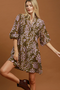 Mix Botanical Print Button Front Dress Olive Mix
