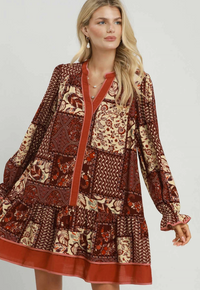 Mix Patchwork Print Tiered LS Dress - 2 Colors!