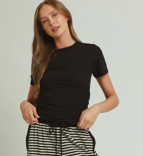 Side Ruched Round Neck Top in Black