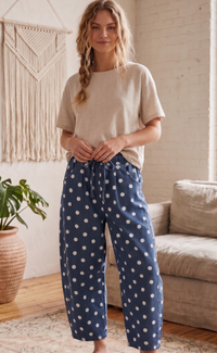 Polka Dot Denim Barrel Pants in Dk Denim
