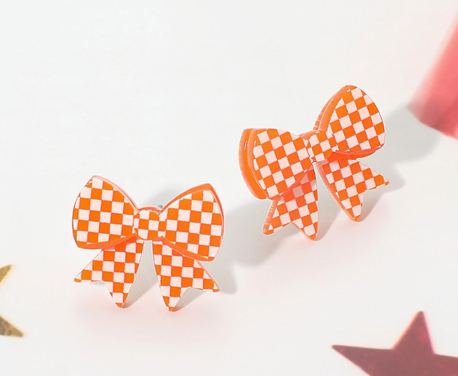 Checkerboard Bow Earrings in Orange/White