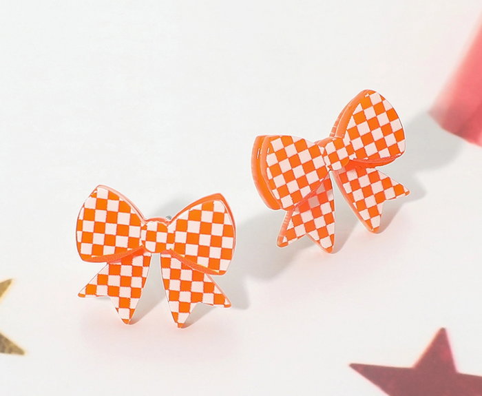 Checkerboard Bow Earrings in Orange/White
