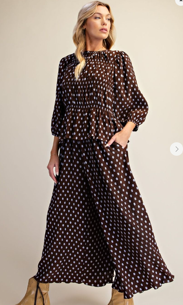 Crinkled Woven Polka Dot Pants in Brown