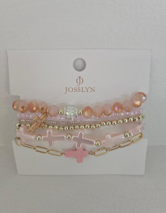 Cross Charm Mixed Bracelet Set in Pink