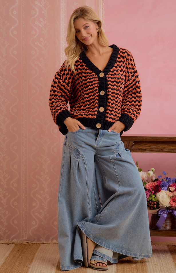 Chunky Knit Cardigan in Orange/Black