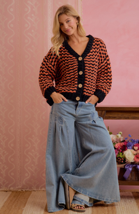 Chunky Knit Cardigan in Orange/Black