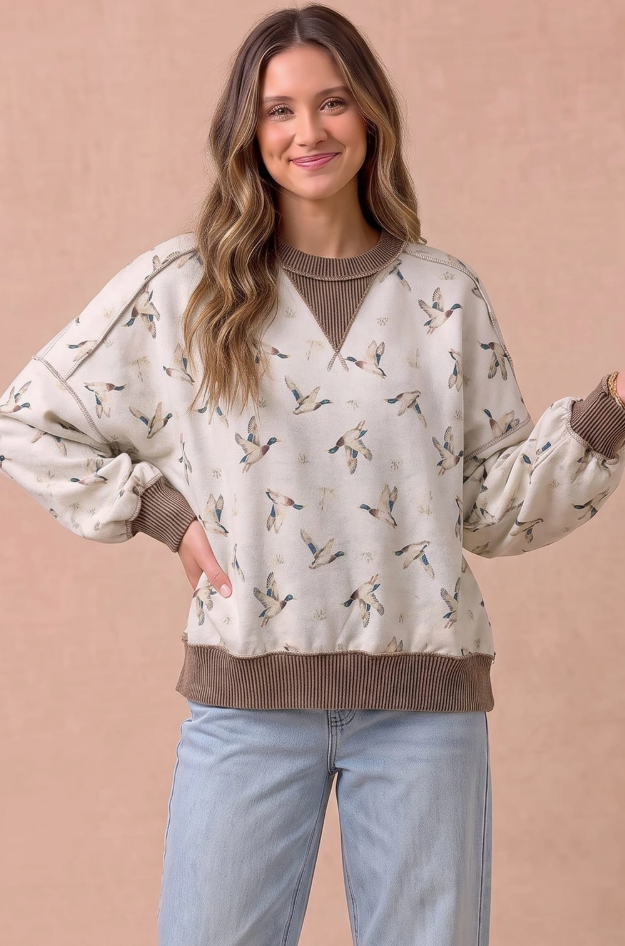 Round Neck Mallard Top in Ivory/Brown