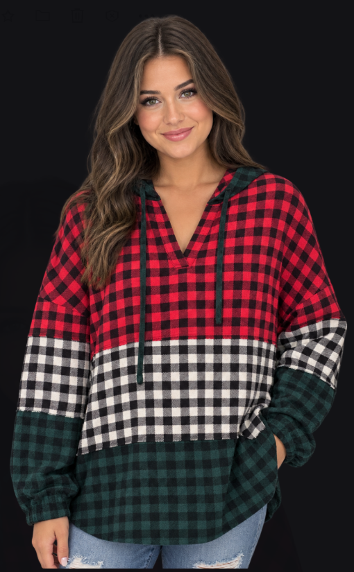 Notched Neck Plaid Gingham With Hood