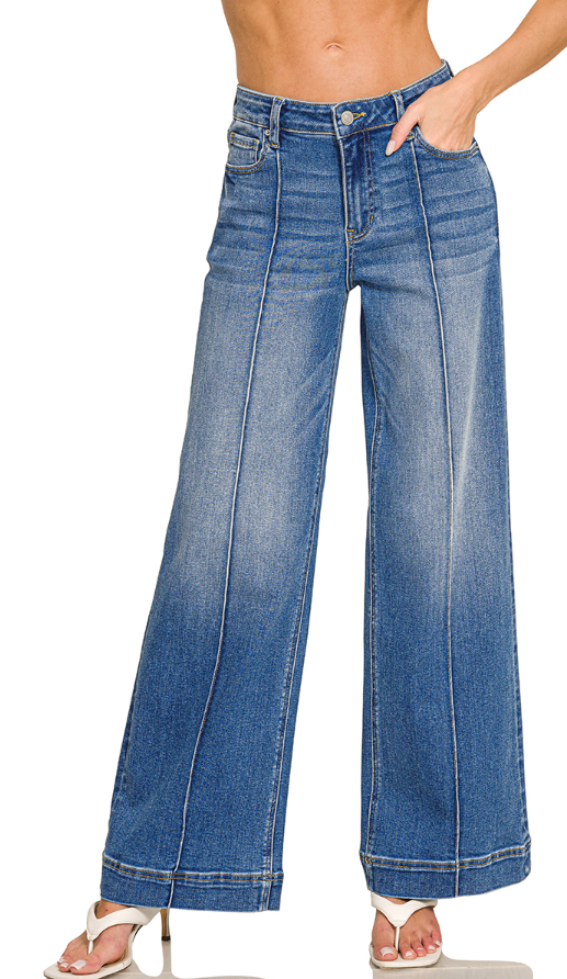 Wide Leg Pintuck Jeans in Medium