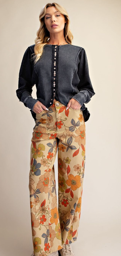 Boho Flower Print Pants in Camel