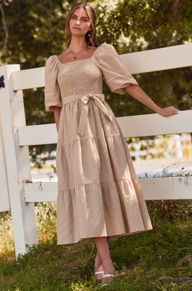 Textured Midi Dress W/ Tie Waist