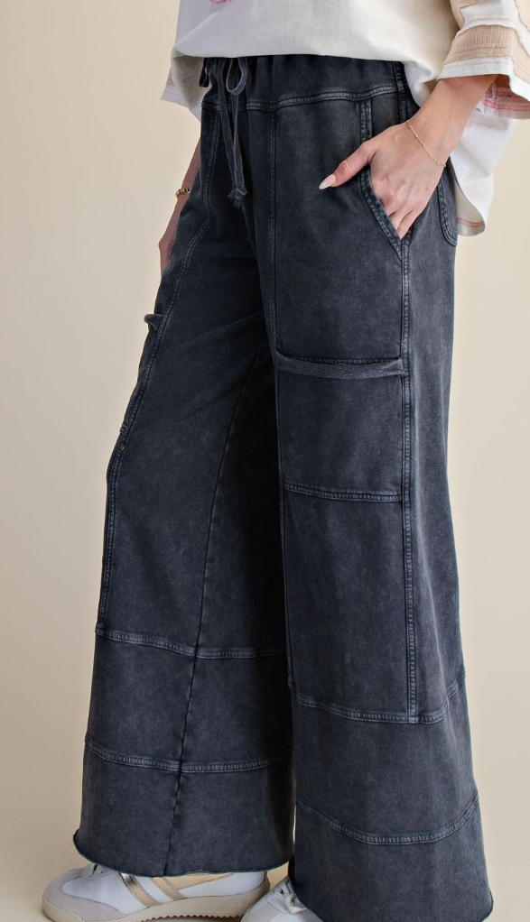 Mineral Washed Terry Knit Pants in Black