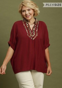 Leopard Trim Dolman Sleeve Blouse in Burgundy