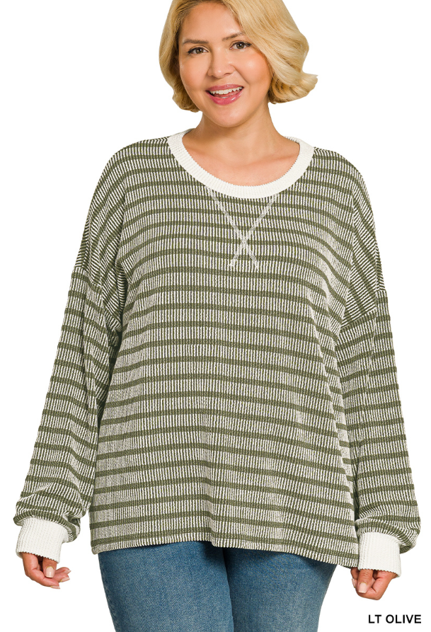 Raised Rib Striped Round Neck Pullover- 4 Colors!