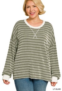 Raised Rib Striped Round Neck Pullover- 4 Colors!