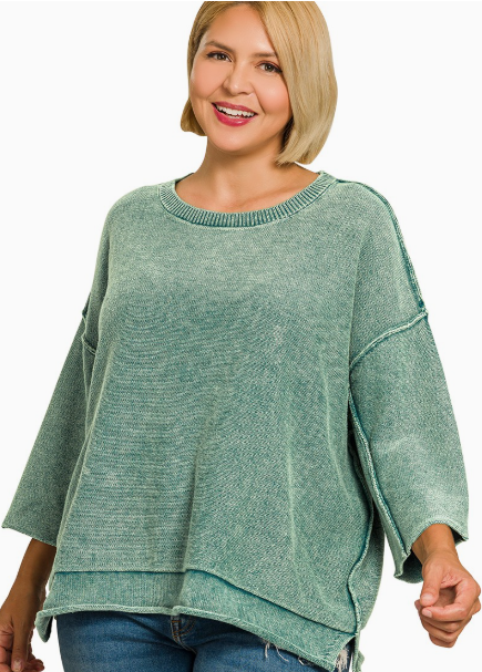 Washed 3/4 Sleeve Boxy Sweater- 2 Colors!