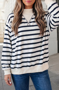 Stripe Mock Neck Ribbed Top in Navy