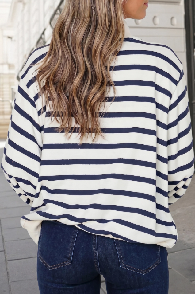 Stripe Mock Neck Ribbed Top in Navy
