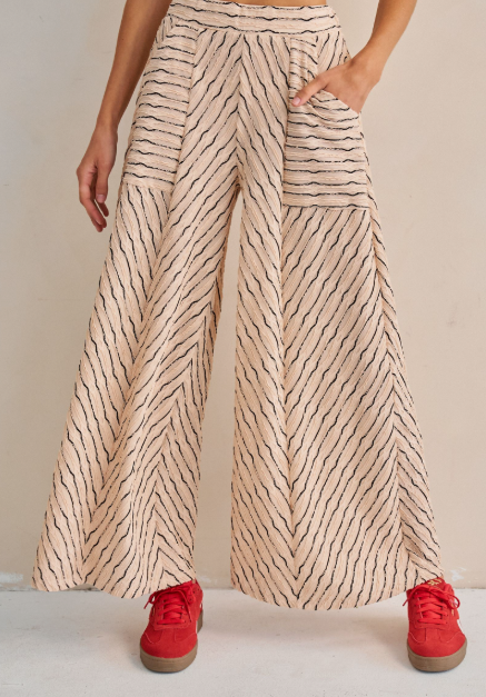 Textured Stripe Wide Leg Pants in Beige
