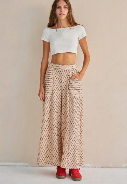 Textured Stripe Wide Leg Pants in Beige